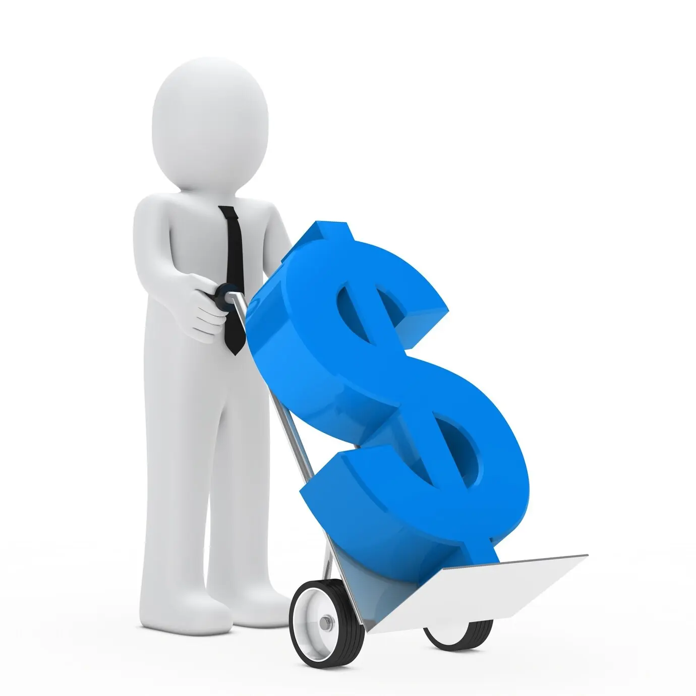 Rag doll being transported in a wheelbarrow; dollar sign in blue.